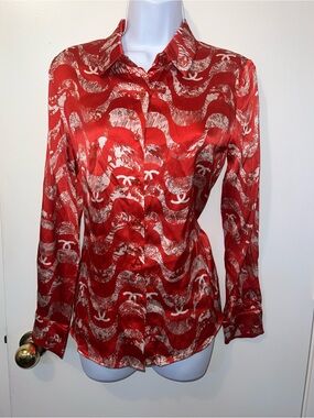 Red Printed Silk Button-Up Blouse